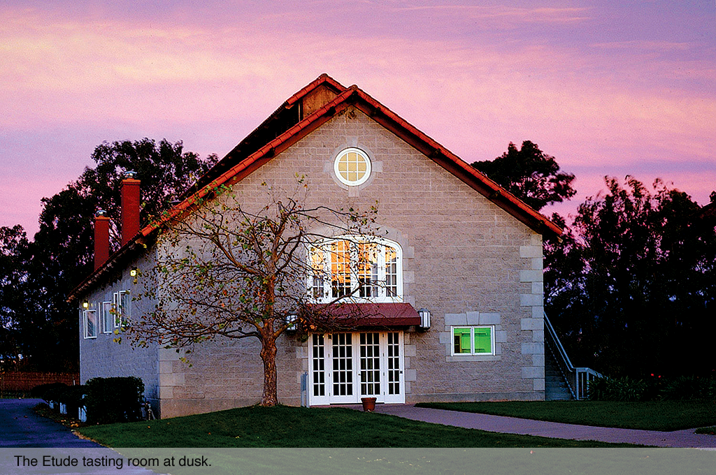 The Etude tasting room at dusk.