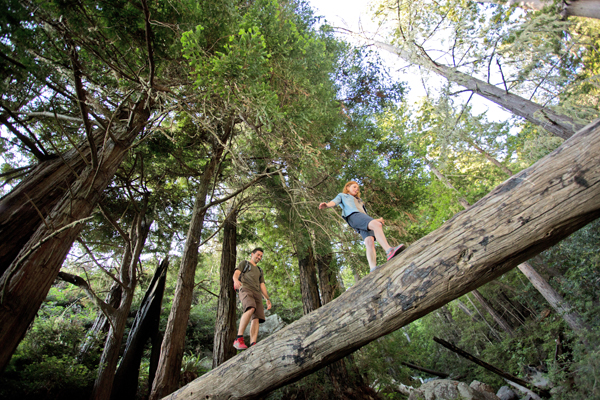 A couple cross a fallen tree.